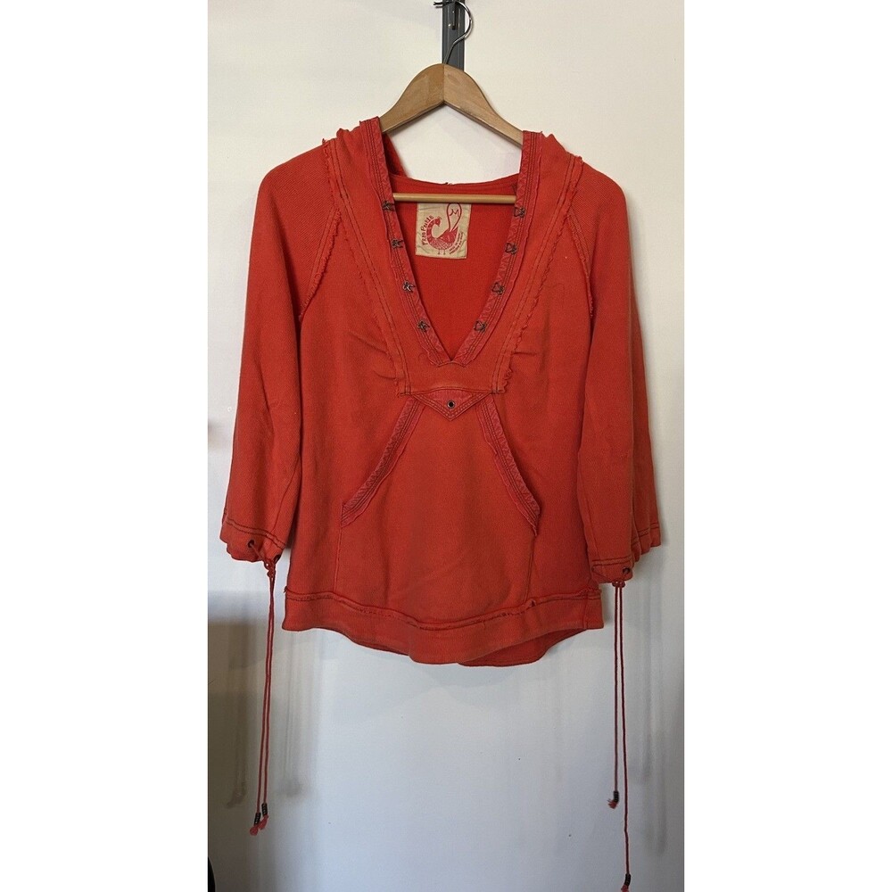 Free People Orange V Neck Tie Sleeve Hoodie Size Medium